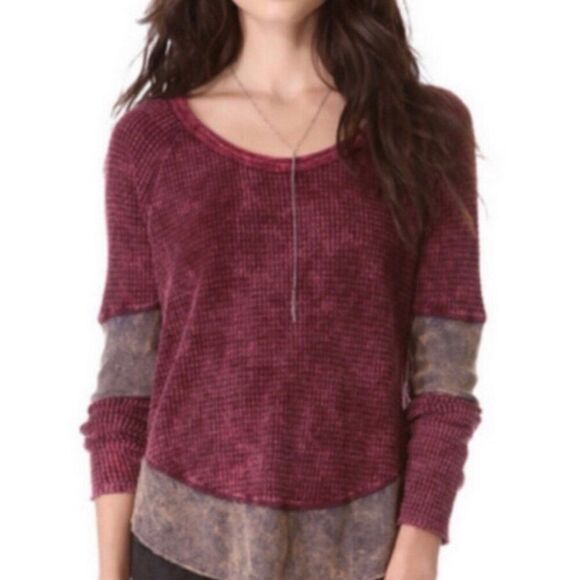 We The Free Maroon Grey Waffle Knit Distressed Thermal Top XS - Picture 1 of 11